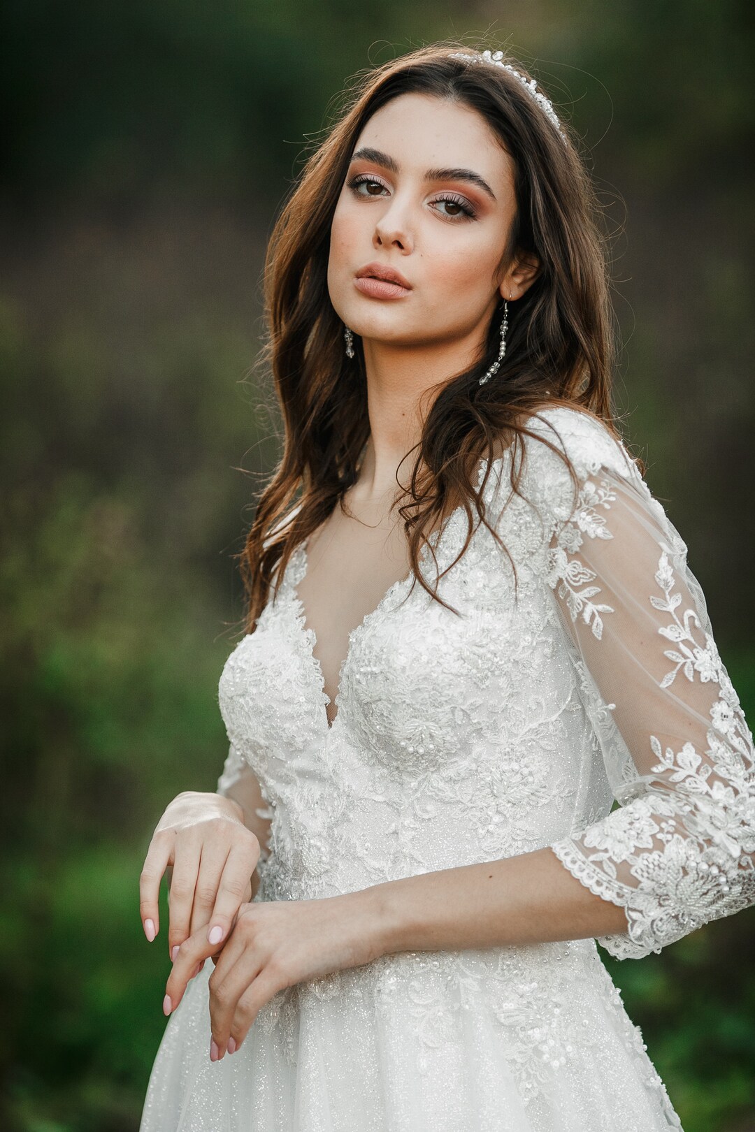 Champagne Wedding Dress, Long Sleeve Wedding Dress, Long Train Wedding Dress,  Lace Wedding Dress, Unique Wedding Dress, Boho Wedding Dress - Etsy