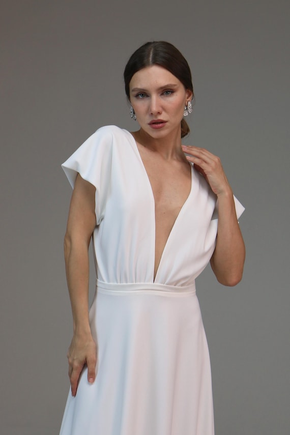 Romantic White Dress Rossana, Casual Wedding Dress, Minimalist Dress, Civil Wedding  Dress, Modern Wedding Dress, A-line Silhouette
