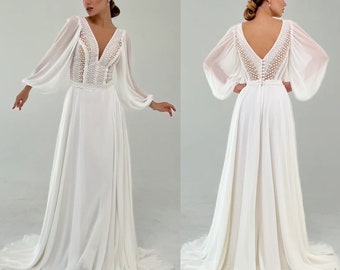 Boho bridal dress Konsuela,deep neckline gown,simple wedding dress,unique wedding dress,modern wedding dress, beach wedding dress