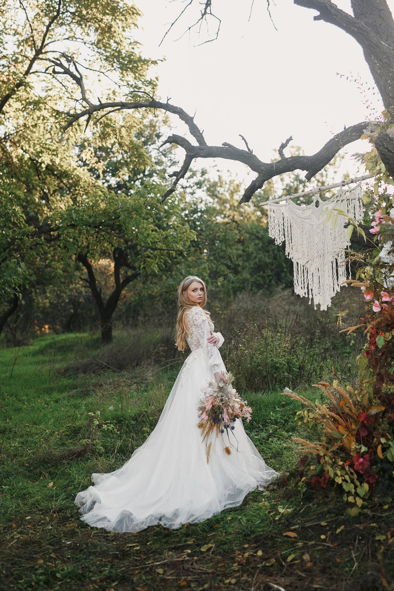 Long Sleeve Wedding Dress, Light Wedding Dress, Lace Wedding Dress, Wedding Dress with Sleeves, Bridal Gown, Boho Wedding Dress image 10