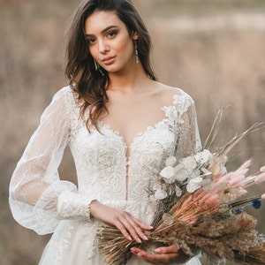Long Sleeve Wedding Dress, Light Wedding Dress, Lace Wedding Dress, Wedding Dress with Sleeves, Bridal Gown, Boho Wedding Dress