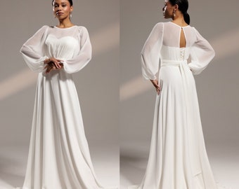 Minimalist and romantic wedding dress  Marlene ,simple wedding dress, chiffon a line wedding dress ,ivory white dress, civil wedding dress