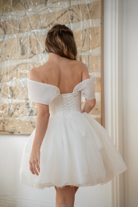romantic white dress Open Back Half Sleeves A-line Lace Long Wedding Dress, MW208 White Strapless Tea Length Dress