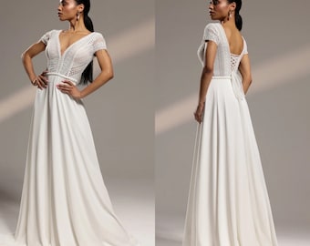 Simple and elegant wedding dress Lore, v-neck chiffon wedding dress with sleeves, minimalist rustic wedding dress