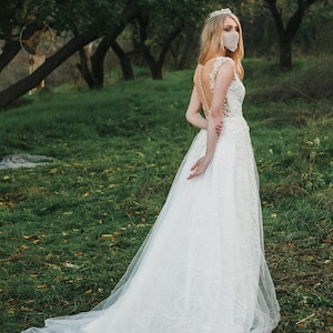 Champagne Wedding Dress, Sleeveless Wedding Dress, Long Train Wedding Dress, Lace Wedding Dress, Unique Wedding Dress, Boho Wedding Dress