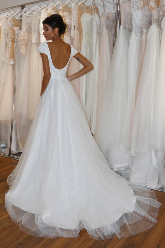 Cap Sleeve Wedding Dress Long Train Wedding Dress Scoop Back Etsy