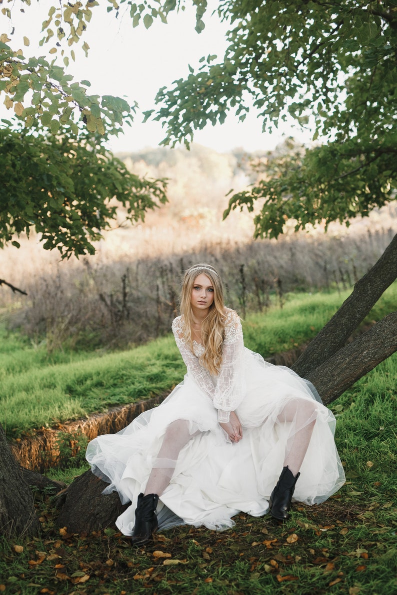 Long Sleeve Wedding Dress, Light Wedding Dress, Lace Wedding Dress, Wedding Dress with Sleeves, Bridal Gown, Boho Wedding Dress image 2