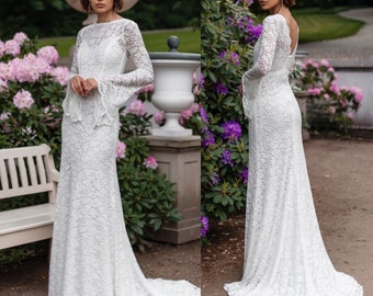 Mermaid lace dress,boho wedding dress,ivory wedding dress,beach wedding dress,mermaid wedding,simple wedding dress,custom wedding dress