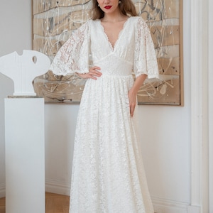 Minimalist Ivory Wedding Dress Berenis - Bestseller Boho Gown with Butterfly Sleeves/boho wedding dress,simple wedding dress,