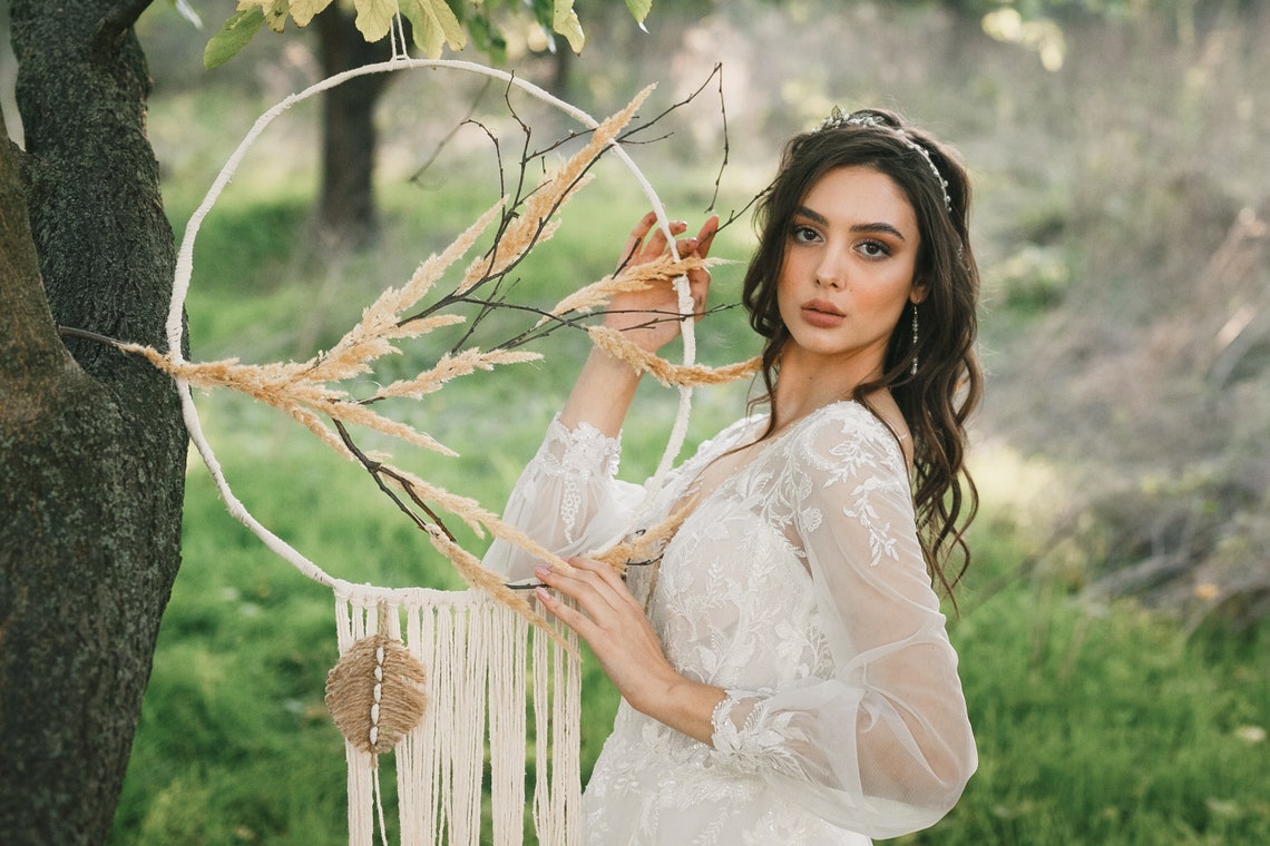 Champagne Wedding Dress Long Sleeve Wedding Dress Long Train Etsy