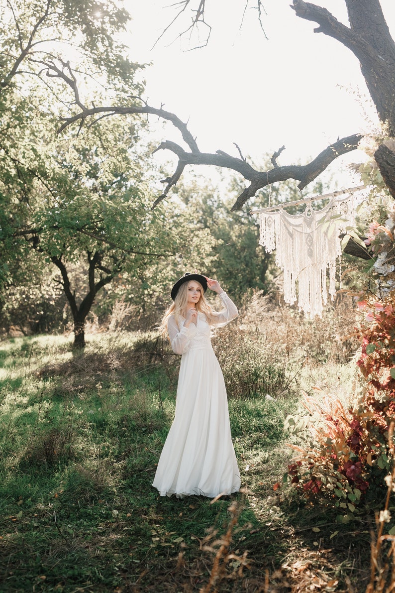 French Lace Wedding Dress, Chiffon Wedding Dress, Short Sleeve Wedding Dress, Deep Plunging Neckline, Boho Wedding Dress, Long Bridal Gown image 5