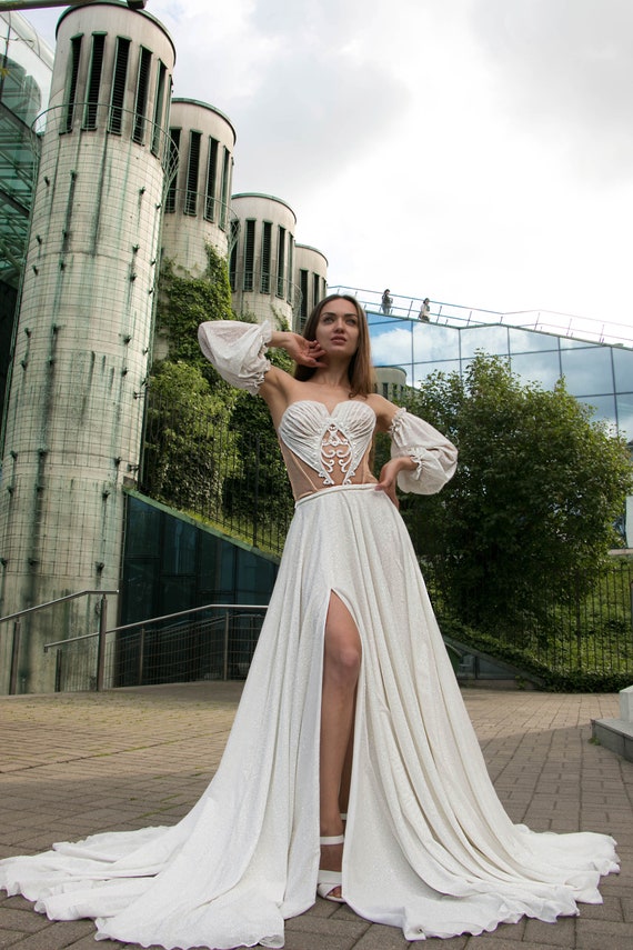 Chiffon Wedding Gown champagne Wedding Dress Beach Wedding Dress