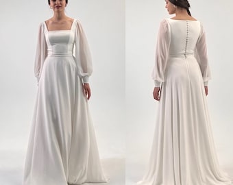 A-line chiffon dress Kruzita,simple wedding dress,modern wedding dress,rustic wedding dress, modest wedding dress,square neck dress