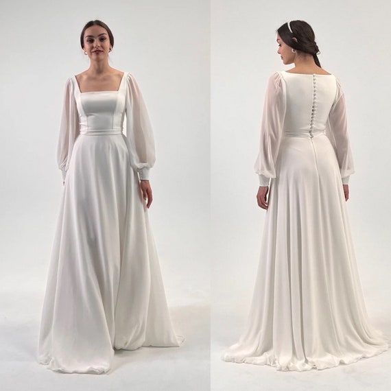 A-line chiffon dress Kruzita,simple wedding dress,modern wedding dress,rustic wedding dress, modest wedding dress,square neck dress