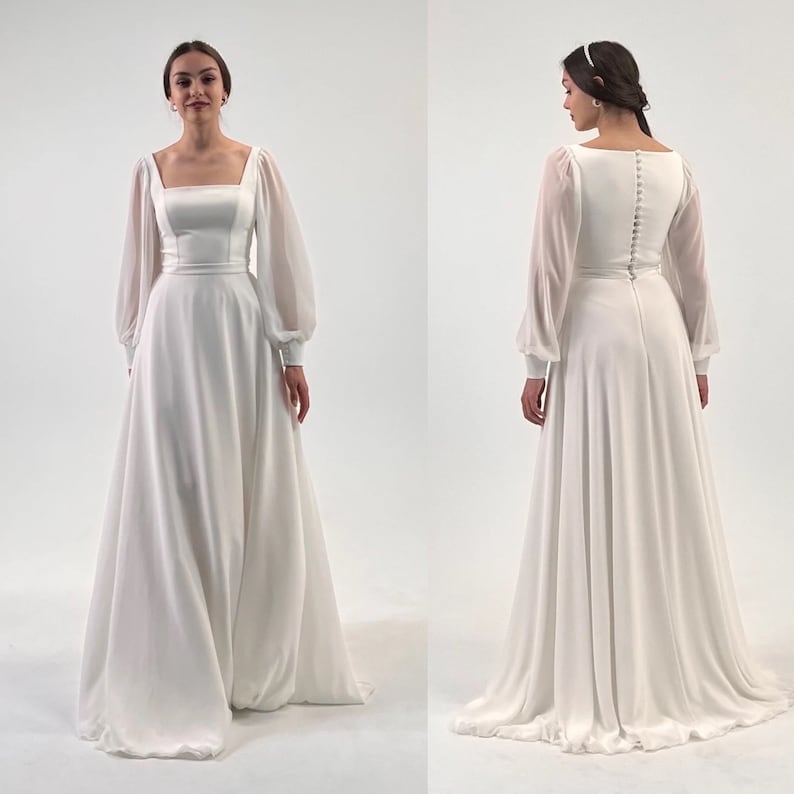 Robe de mariée Kruzita trapèze mousseline col carré manches longues