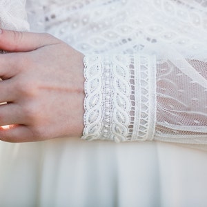 French Lace Wedding Dress, Chiffon Wedding Dress, Short Sleeve Wedding Dress, Deep Plunging Neckline, Boho Wedding Dress, Long Bridal Gown image 7