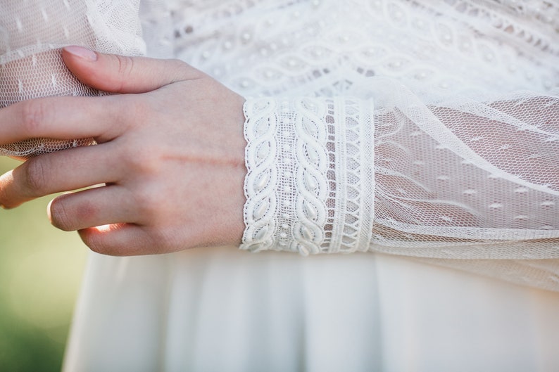 French Lace Wedding Dress, Chiffon Wedding Dress, Short Sleeve Wedding Dress, Deep Plunging Neckline, Boho Wedding Dress, Long Bridal Gown image 7