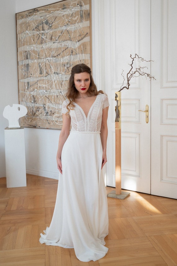 simple wedding dinner dress Spaghetti Strap Simple Summer Wedding Dresses Cheap Wedding Dresses with Slit AWD1114