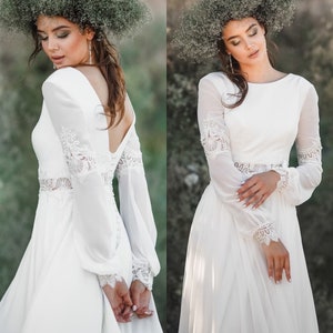 Rustic Wedding Dress, Chiffon Wedding Dress,Unique Wedding Dress, Long Sleeve Wedding Dress, Boho Wedding Dress, Long Bridal Gown