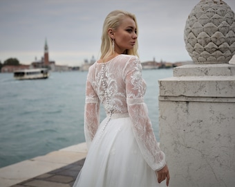 Long Sleeve Wedding Dress, Light Wedding Dress, Lace Wedding Dress, Wedding Dress with Sleeves, Bridal Gown, Boho Wedding Dress