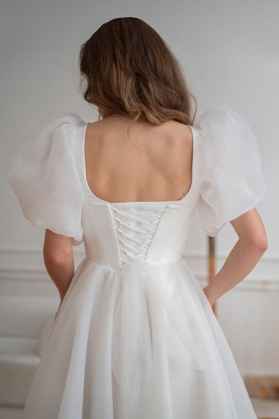 knee length dresses for ladies White Sweetheart Midi Reception Dress with Detachable Sleeves – Modsele main image 1
