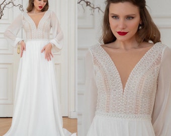 Robe de mariée modeste Karolin. Robe de mariée simple, robe de mariée rustique, mariage à manches longues, mariée grande taille, robe de mariée unique