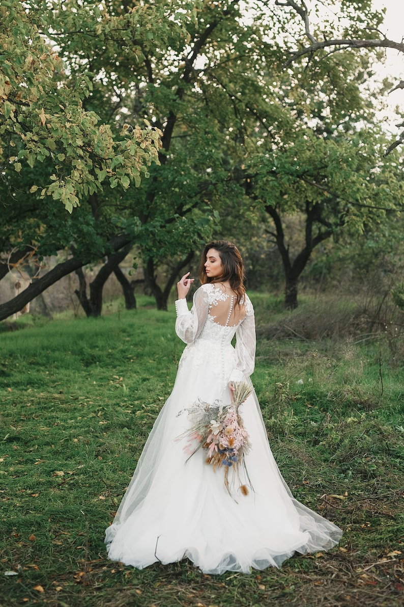 Long Sleeve Wedding Dress Light Wedding Dress Lace Wedding - Etsy