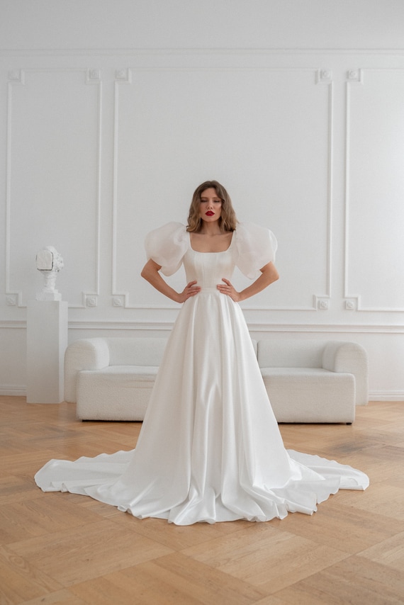 a line full sleeve dress Ivory Satin Long Sleeves Embroidery Wedding Dress MW835 main image 0