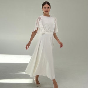 Modest wedding dress Gabriela. Reception dress | Elopement dress | Simple wedding dress | Flutter Sleeve Wedding Dress ,midi wedding dress
