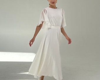 Modest wedding dress Gabriela. Reception dress | Elopement dress | Simple wedding dress | Flutter Sleeve Wedding Dress ,midi wedding dress