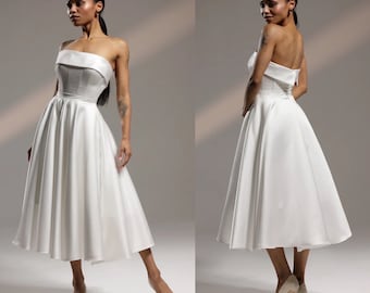 Simple wedding dress Aleit,Bridesmaid dress,Reception dress,Casual wedding dress,midi wedding dress, satin wedding dress,simple bridal dress