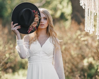 French Lace Wedding Dress, Chiffon Wedding Dress, Short Sleeve Wedding Dress, Deep Plunging Neckline, Boho Wedding Dress, Long Bridal Gown