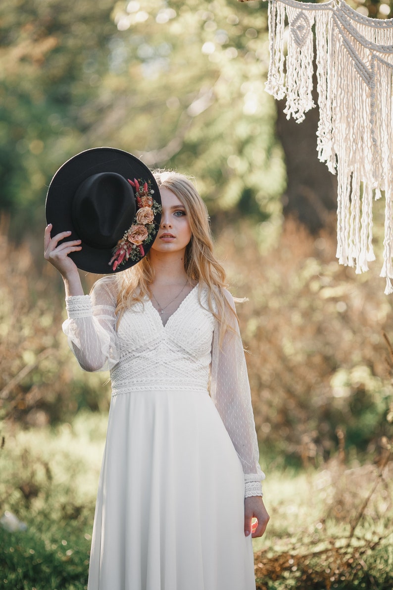 French Lace Wedding Dress, Chiffon Wedding Dress, Short Sleeve Wedding Dress, Deep Plunging Neckline, Boho Wedding Dress, Long Bridal Gown image 1