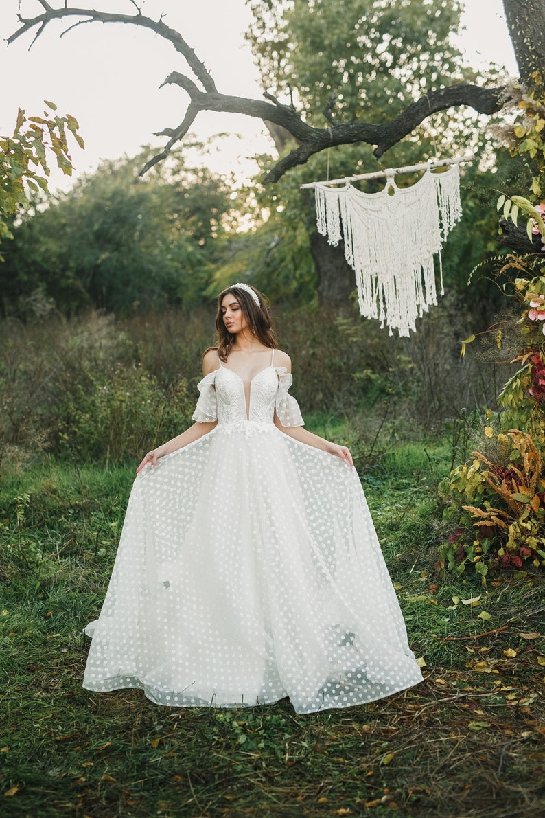 Summer Wedding Dress, Deep Plunge Neckline, Wedding Dress, Bridal Gowns, Beach Wedding Dress, Fairy Wedding Dress, Elegant Simple Dress, image 1