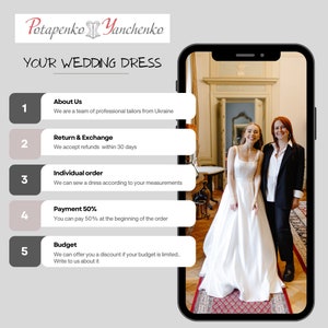 Puede incluir: Un tel&eacute;fono inteligente muestra una foto de una novia con un vestido de novia blanco con escote cuadrado, posando con una mujer con un traje negro. El texto en la pantalla anuncia pedidos personalizados y reembolsos. El nombre de la empresa es Potapenko Yanchenko.