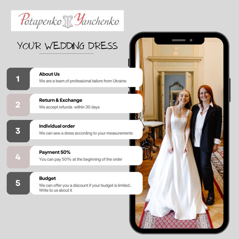 Puede incluir: Un tel&eacute;fono inteligente muestra una foto de una novia con un vestido de novia blanco con escote cuadrado, posando con una mujer con un traje negro. El texto en la pantalla anuncia pedidos personalizados y reembolsos. El nombre de la empresa es Potapenko Yanchenko.