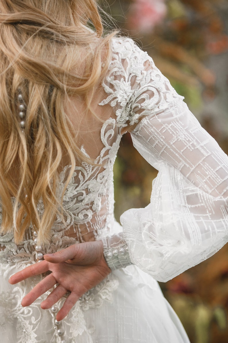 Long Sleeve Wedding Dress, Light Wedding Dress, Lace Wedding Dress, Wedding Dress with Sleeves, Bridal Gown, Boho Wedding Dress image 9