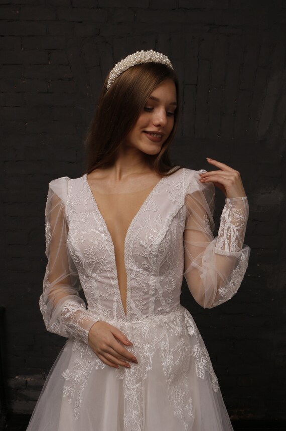 Buy Champagne Wedding Dress, Long Sleeve Wedding Dress, Long Train Wedding  Dress, Lace Wedding Dress, Unique Wedding Dress, Boho Wedding Dress Online  in India 