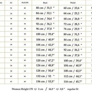 May include: A size chart for women's clothing with measurements in inches and centimeters. The chart includes UK, US/Canada, EU, and RU/UKR sizes. The measurements are for bust, waist, and hips.