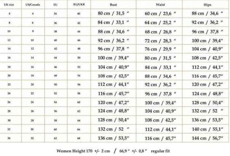 May include: A size chart for women's clothing with measurements in inches and centimeters. The chart includes UK, US/Canada, EU, and RU/UKR sizes. The measurements are for bust, waist, and hips.