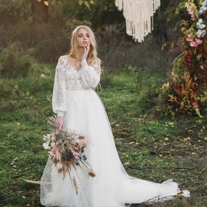 Long Sleeve Wedding Dress, Light Wedding Dress, Lace Wedding Dress, Wedding Dress with Sleeves, Bridal Gown, Boho Wedding Dress image 1