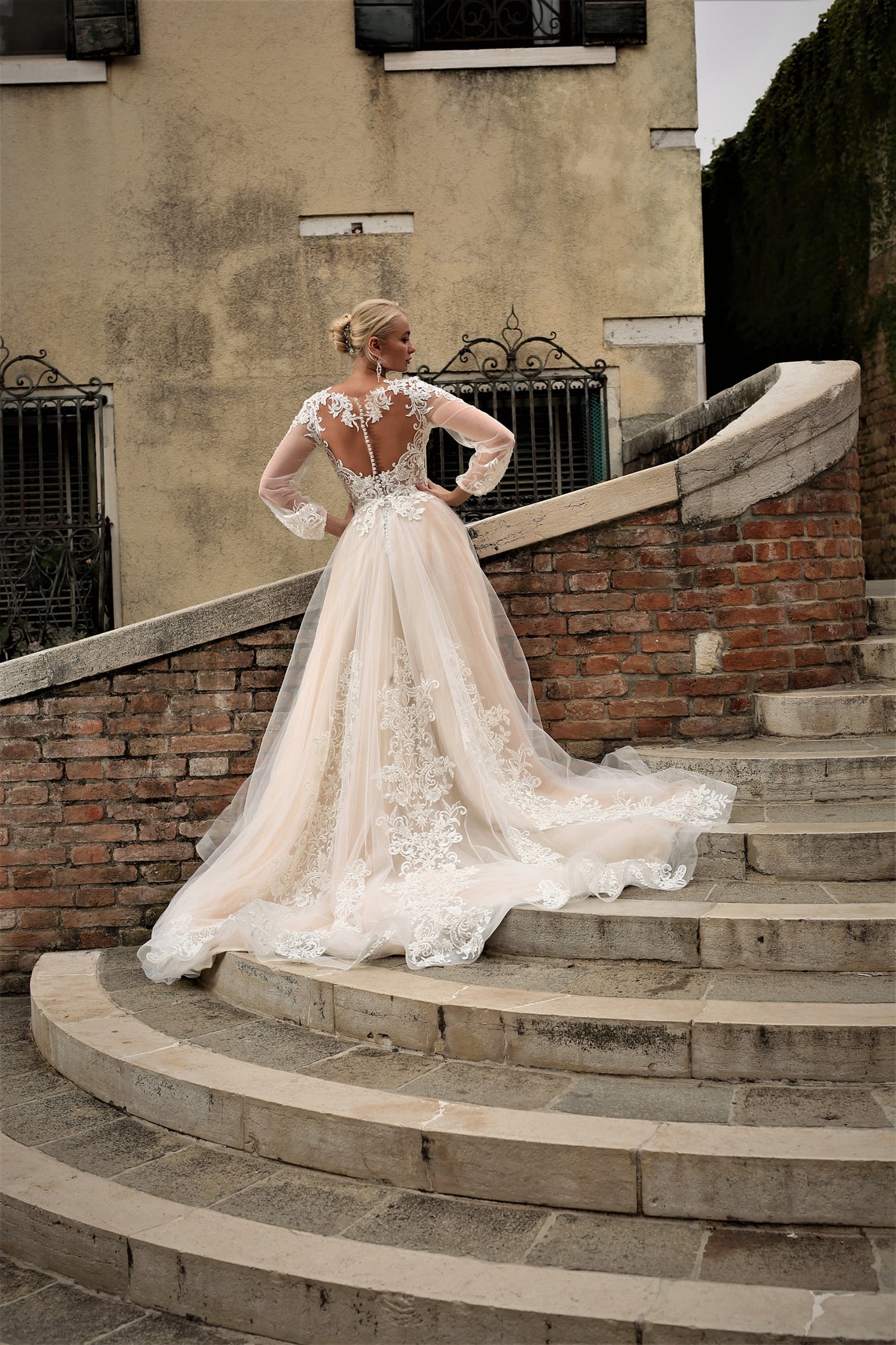 Champagne Wedding Dress Long Sleeve Wedding Dress Long Train image 1