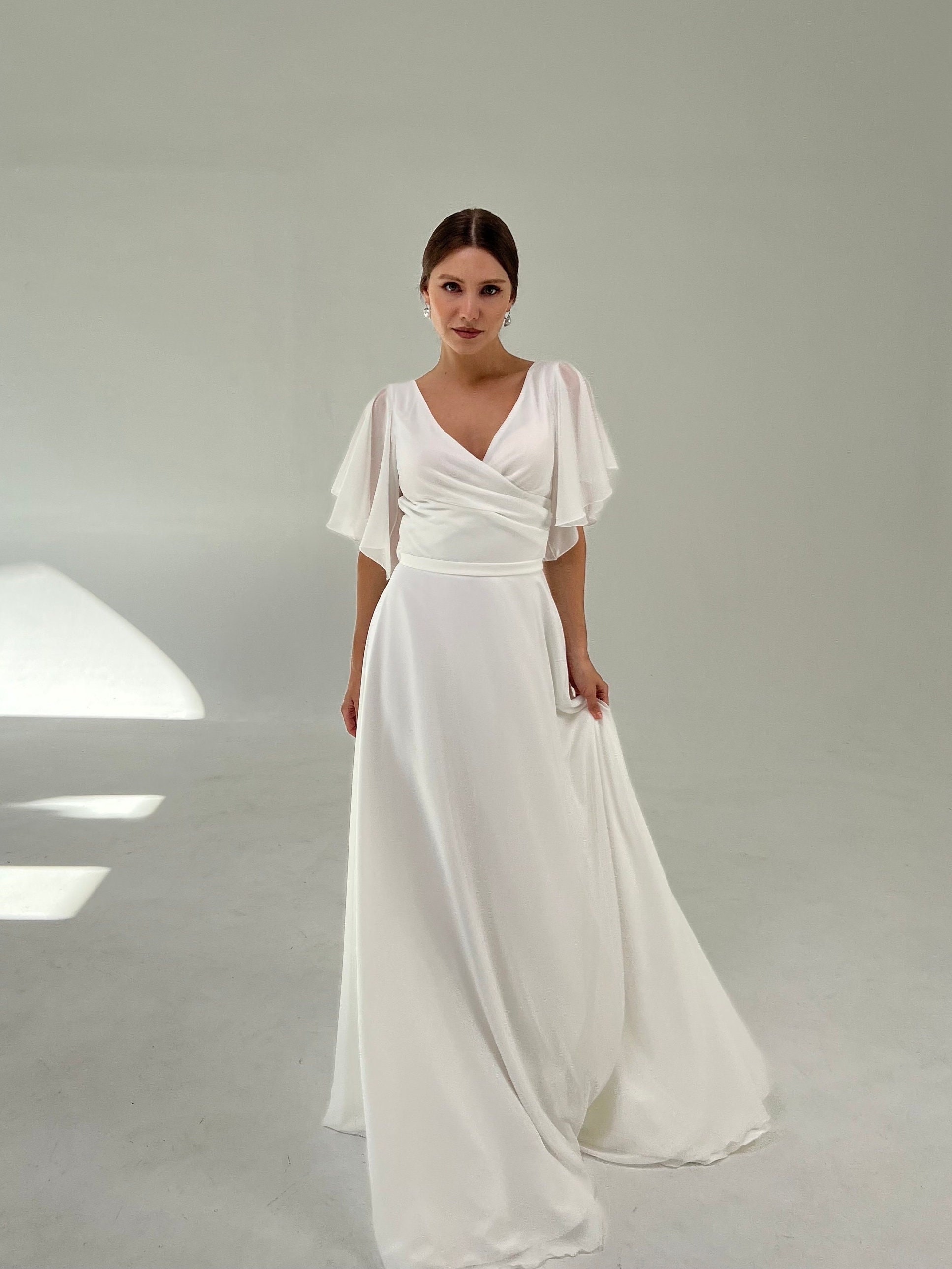 white christmas dresses Ladivine CD242 Size 16 Champagne Long Pleated Chiffon A Line Bell Sleeve V Neck Formal Dress Bridesmaid Gown