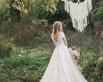 Champagne Wedding Dress, Short Sleeve Wedding Dress, Long Train Wedding Dress, Lace Wedding Dress, Unique Wedding Dress, Boho Wedding Dress