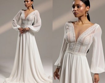 Simple wedding dress  Daniela  with long sleeves and v neck, romantic wedding dress for rustic or beach wedding