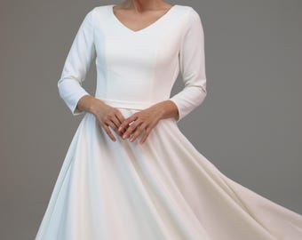 Simple wedding dress  Ambra,Crepe wedding dress ,V-neckline , casual wedding dress ,midi wedding dress, a-line silhouette,plus size dress