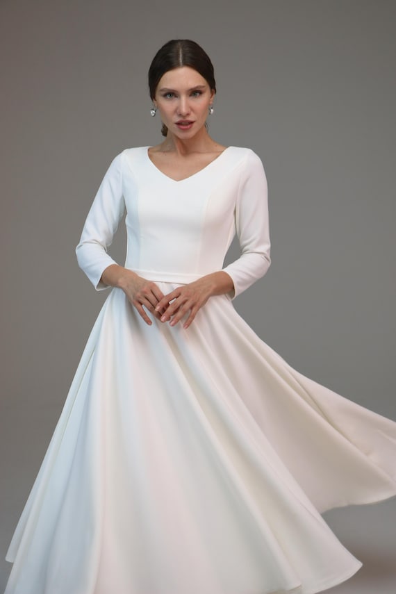 Simple Wedding Dress Ambra,crepe Wedding Dress ,v-neckline , Casual Wedding  Dress ,midi Wedding Dress, A-line Silhouette,plus Size Dress