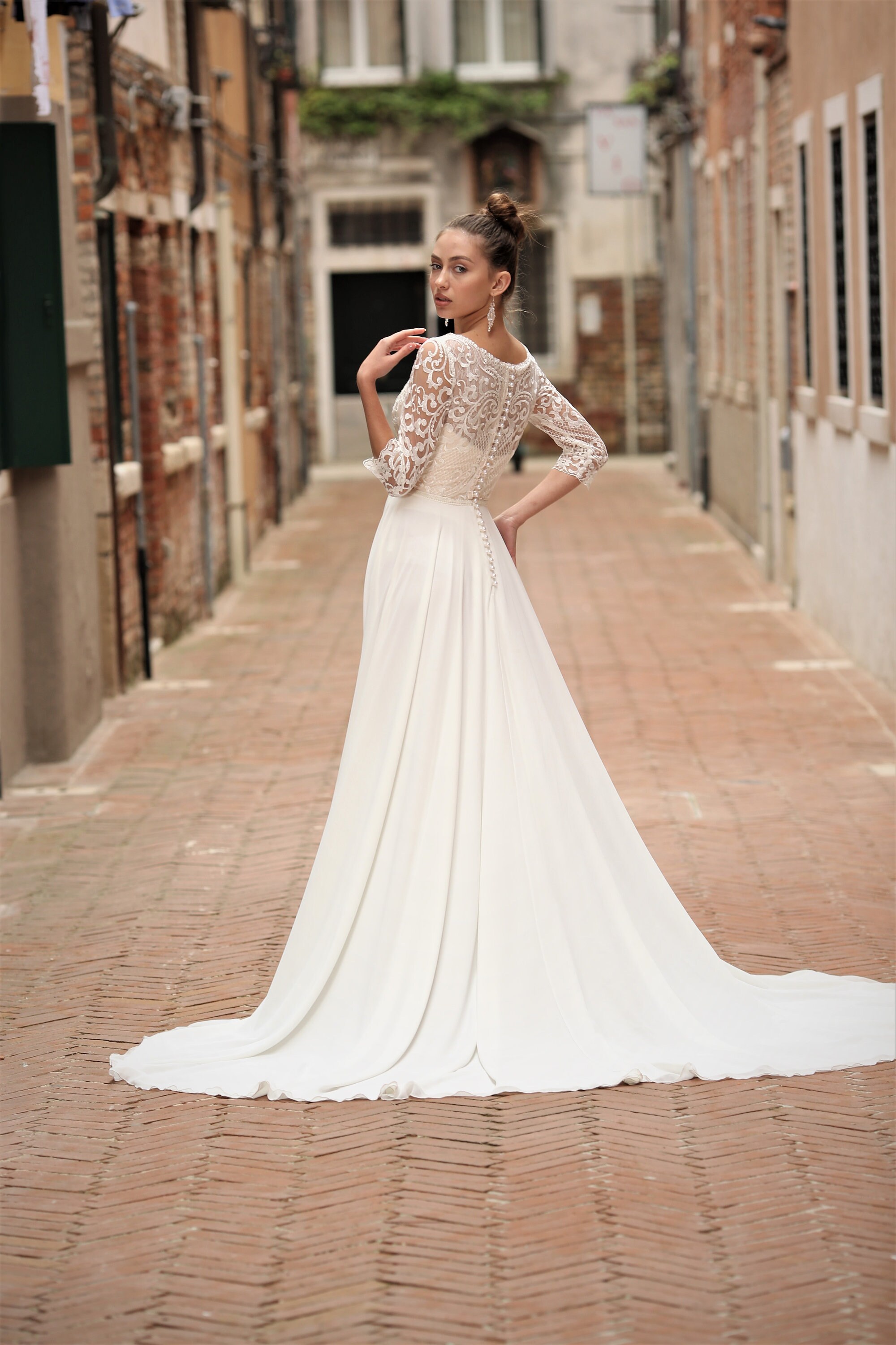 French Lace Wedding Dress Chiffon Wedding Dress Long Sleeve | Etsy