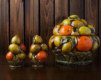 Vintage Japan E3352 Orange Spice Fruit Basket Cookie Jar With Matching Salt and Pepper Set, Oranges And Lemons, Ceramic