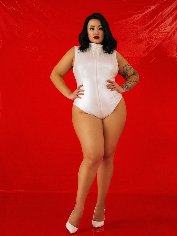 Plus Size Bodysuit White Latex Bodysuit Vinyl Cream Color Fashion Lingerie  White Bodysuit Turtleneck Short Sleeve Bodysuit Women's Sexy Body 